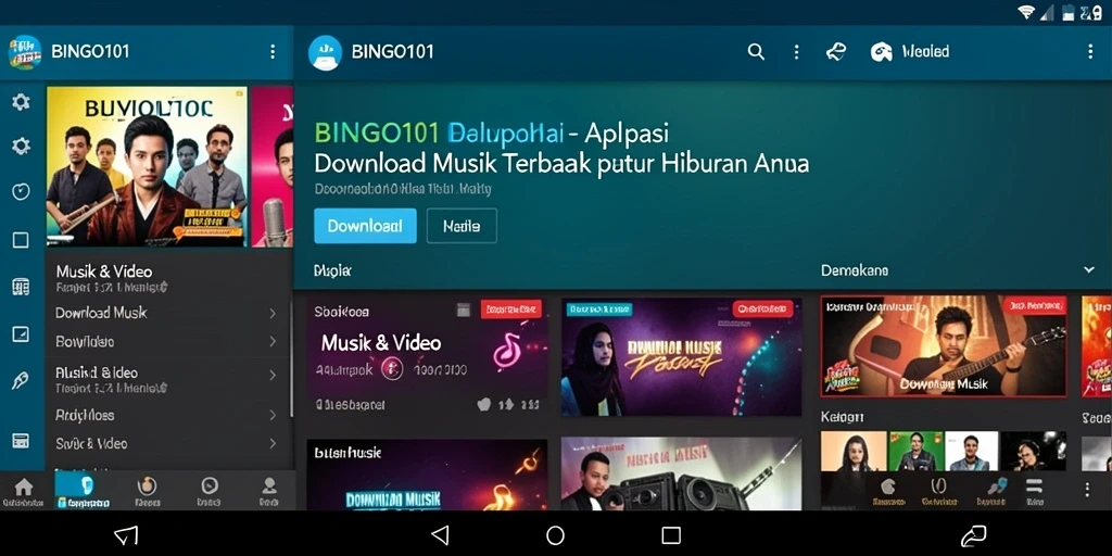 Antarmuka aplikasi BINGO101 menampilkan berbagai pilihan lagu dan fitur unggulan.