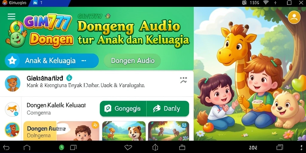 Tampilan antarmuka aplikasi GIM777 dengan berbagai pilihan dongeng audio.