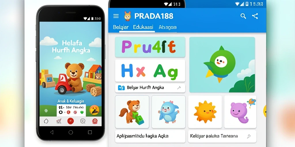Antarmuka aplikasi PRADA188 yang menarik untuk belajar huruf dan angka.