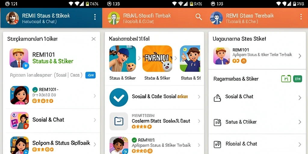 Antarmuka aplikasi REMI101 dengan pilihan status dan stiker menarik.