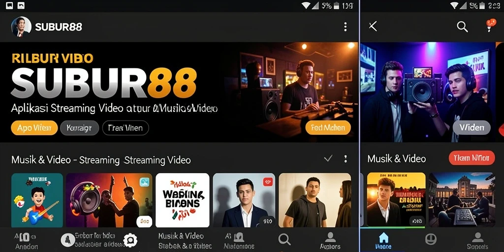 Antarmuka aplikasi SUBUR88 menampilkan berbagai pilihan konten musik dan video.